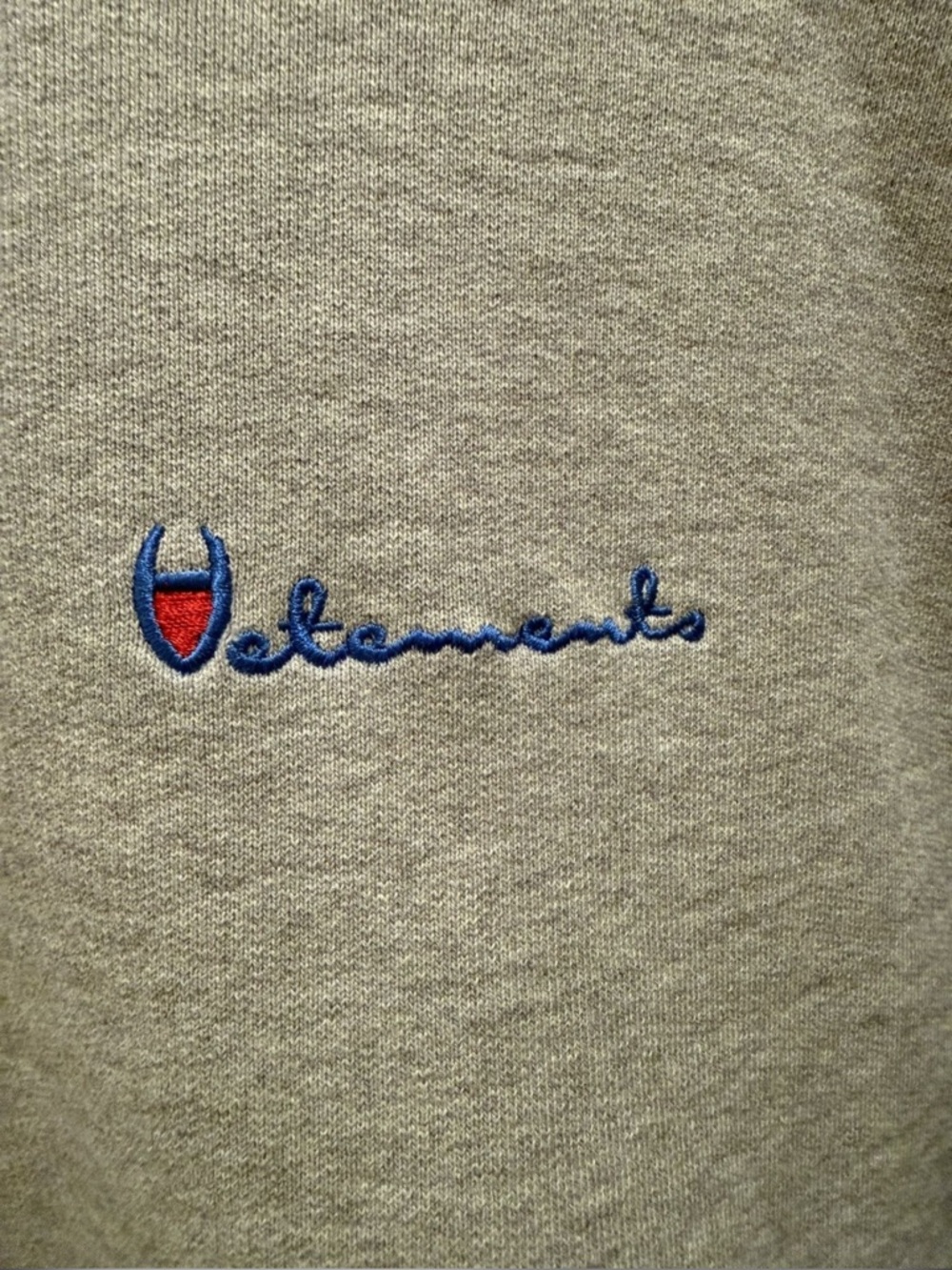 Vetements x Champion Gray Crewneck Sweater with Blue and Red Embroidered Logo
